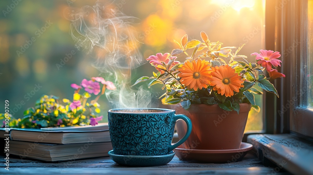 Poster a cozy corner with books and a steaming cup of coffee as a backdrop for setting goals stock photo wi