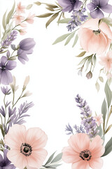 Obraz premium Watercolor floral invitation card with soft, pastel-colored flowers.