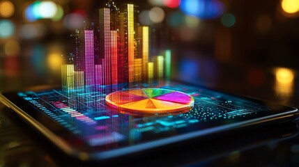 A colorful pie chart and bar graph on a tablet tracking progress toward financial goals Stock Photo with side copy space