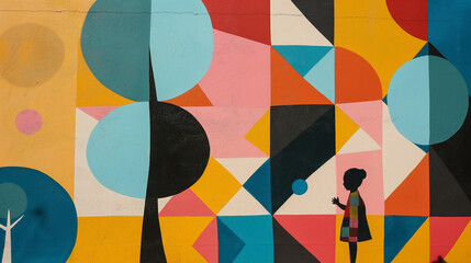 Little girl in a park with geometric shapes background