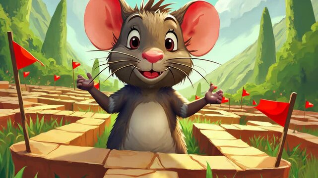 Cute animated mouse joyfully exploring a colorful maze on a sunny day in a vibrant landscape