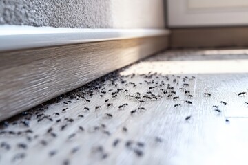 A close-up image of ants invading a home floor, emphasizing the urgent need for effective pest control and extermination solutions.  .
