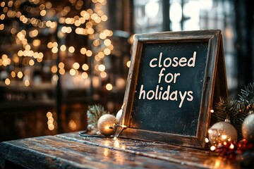 A chalkboard sign on a table reading "Closed for Holidays," surrounded by festive decor, symbolizing holiday breaks and seasonal celebrations.  .
