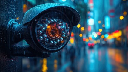 Futuristic Surveillance Camera in Cybersecurity Environment with Calm Blue Lighting