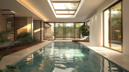 Contemporary indoor swimming pool with a sleek, open layout and natural light pouring in through glass walls