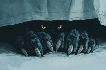 A chilling illustration for a horror story featuring huge, clawed paws of an unknown monster ominously peeking out from under the bed, evoking fear and suspense.  .