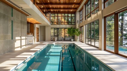 Fototapeta premium Contemporary indoor swimming pool with a sophisticated layout and ample natural light from floor-to-ceiling windows