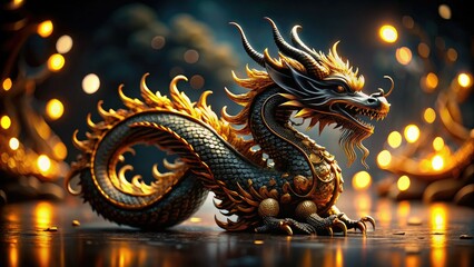 Fototapeta premium AI-generated art: a shimmering black gold dragon, bokeh-blurred floor, architectural backdrop.