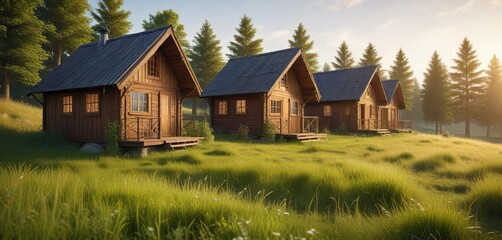 Obraz premium Idyllic wooden cabins nestled in a field of grass with blurred bokeh backdrop, cozy, natural, ecology, tranquil, green living