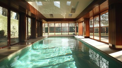 Contemporary indoor swimming pool with clean lines and sunlight flooding in through floor-to-ceiling windows