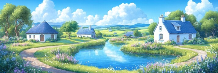 Obraz premium Charming countryside landscape with cottages and serene river under blue sky. Happy St. Patrick's Day. Saint Patrick