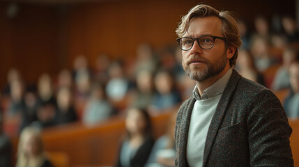 Fototapeta premium A professor leading an interactive debate during a political science lecture in a university hall