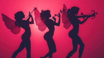 Set of Cupid of love with an arrow,cute cupid silhouettes,mythology of fantasy,Valentine's day concept,angel sketch isolated on white background,space for text.