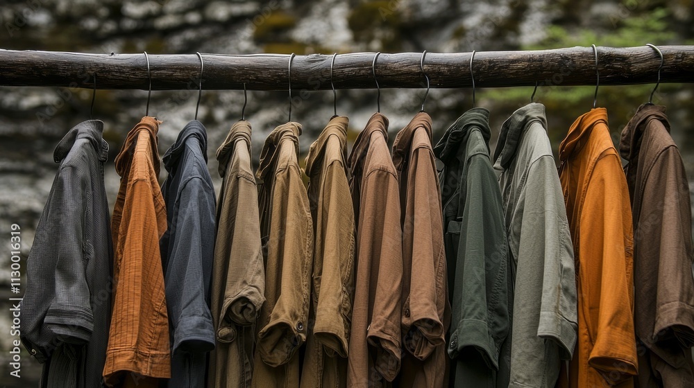Poster a collection of mocha-colored shirts in various shades is displayed on a wooden rack amidst a tranqu