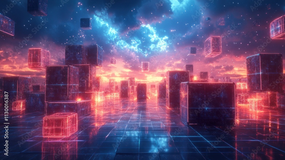 Poster futuristic neon landscape geometric shapes grid environment cyberpunk art style depth perspective