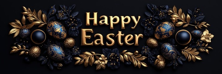 Elegant easter design with gold and blue ornate eggs and floral elements. Happy Easter