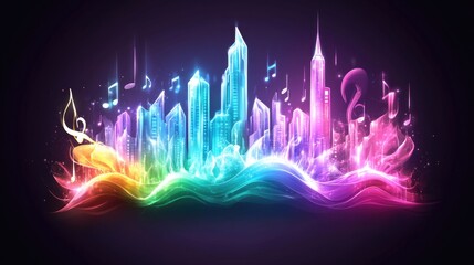 Vibrant neon cityscape with musical notes and colorful light waves