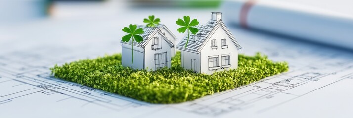 Eco-friendly house design with green grass and clover accents on blueprints. Happy St. Patrick's Day. Saint Patrick