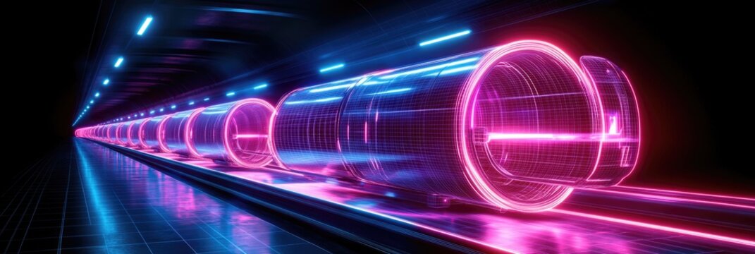 Futuristic hyperloop hologram in neon tunnel design for innovation and technology concepts