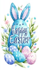 Cheerful easter bunny with colorful eggs and blossoms. Happy Easter