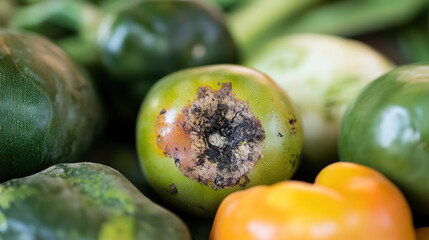 Fresh vegetables with a single rotten tomato in the center, symbolizing food contamination and the importance of quality control in food safety.
