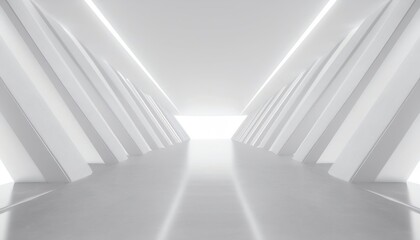 Fototapeta premium A minimalistic, white corridor with angular pillars and soft lighting creates a futuristic and serene atmosphere.