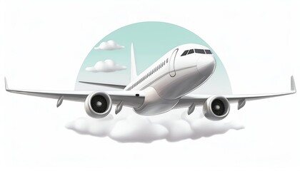 Fototapeta premium A stylized airplane climbing through clouds with a serene backdrop, symbolizing travel and adventure.