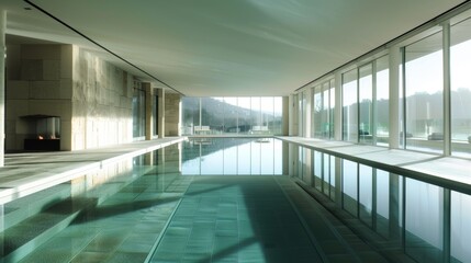 Fototapeta premium Elegant indoor swimming pool with a minimalist aesthetic and natural light flooding in through large windows