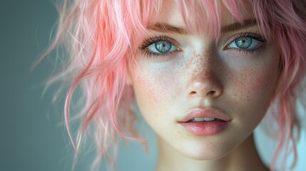 Fototapeta premium Happy mixed race woman with pink hair in professional setting friendly lesbian inclusion workplace pride