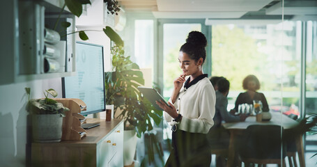 Office, smile and woman with tablet, business and happy for media release, brand specialist and...