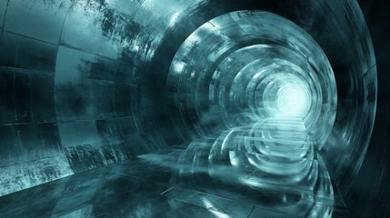 Fototapeta premium Abstract teal futuristic tunnel with glowing light at the end.