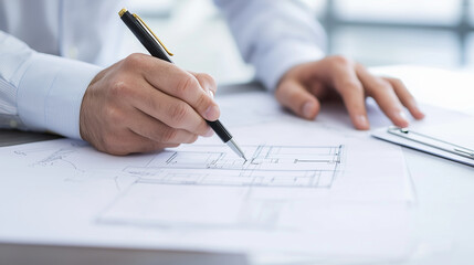 Fototapeta premium Architect's Precision: A close-up shot of an architect's hand meticulously sketching on blueprints, showcasing the meticulous detail and expertise involved in their work.
