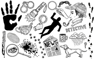 Hand drawn design set with cartoon detective and crime investigation symbols. Vector line art illustration with engraved retro objects and elements isolated on white. Discovery concept