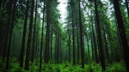 Fototapeta premium A serene forest scene with tall trees and lush green undergrowth, enveloped in mist.