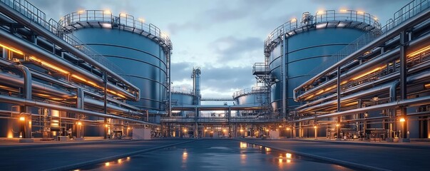Fototapeta premium Modern industrial facility with large tanks and pipelines against a cloudy sky.