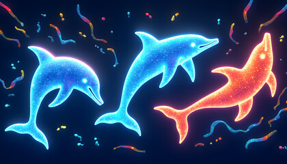 Fototapeta premium Glowing Dolphin Silhouettes with Abstract Water Trails