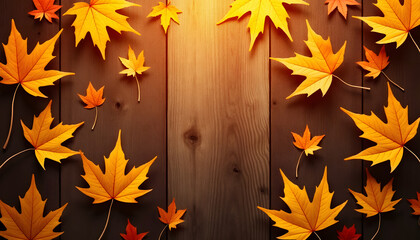 Golden Maple Leaves on Textured Wood Grain