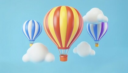 Fototapeta premium Colorful hot air balloons floating among fluffy clouds against a bright blue sky.