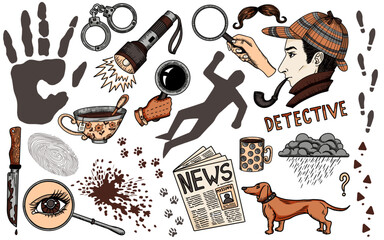 Hand drawn colorful design set with cartoon detective and crime investigation symbols isolated on white. Vector line art illustration with engraved retro objects and elements, stickers collection