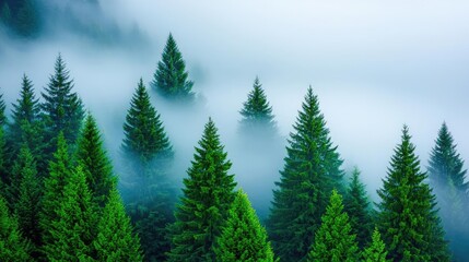 Fototapeta premium Misty forest landscape with evergreen trees and serene atmosphere in nature.