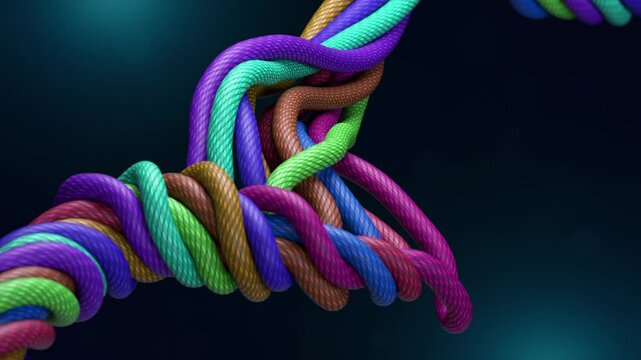 3D render of a colorful, textured, twisted rope with turbulent waves, captured from a dynamic close-up angle. Dark gradient background included, with alpha matte for easy compositing.