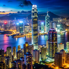 Obraz premium A vibrant nighttime view of Hong Kong, with illuminated skyscrapers,
