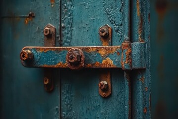 Close-Up of a Rusty Metal Bolt and Locking Mechanism on a Blue Weathered Door, Highlighting Texture, Detail, and Age of Industrial Design Elements