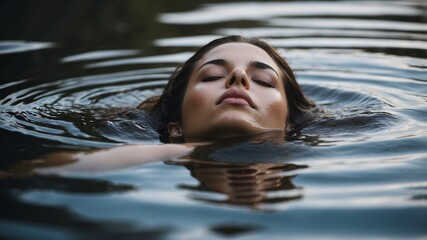 Fototapeta premium A serene portrait of a woman floating in water, eyes closed.