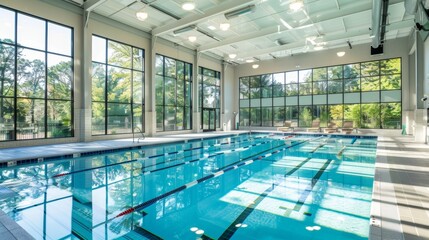 Indoor swimming pool featuring a clean, modern aesthetic and large windows that provide ample natural light