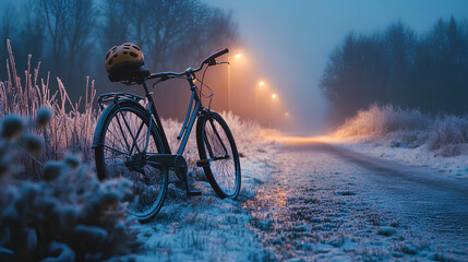 Obraz premium Vintage bicycles on city streets with snow, Bicycle covered in snow on a sidewalk by the trees during the snowstorm
