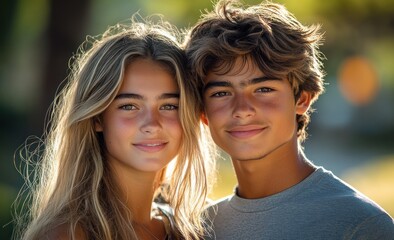 Naklejka premium Casual outdoor portrait of two young Asian students in a soft pastel palette with natural sunlight