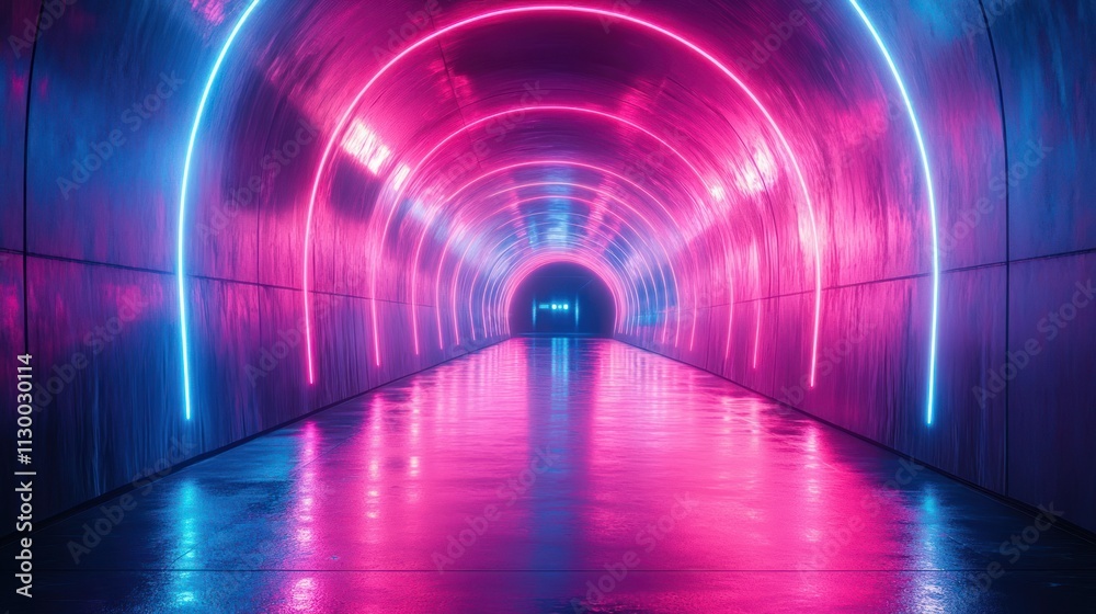 Poster Futuristic Neon Tunnel with Vibrant Lights and Dynamic Perspective in Cyberpunk Style