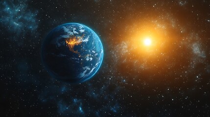Obraz premium Background of space with blue Earth and sun star