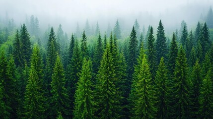 Fototapeta premium A serene view of dense evergreen trees shrouded in mist, showcasing nature's beauty.